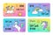 Set funny multicolored rainbow unicorn gift card design place for text vector illustration