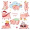 Set of Funny Piggy symbol 2019 new year in doodle style. Piglet listens to music, eats, sleeps, holds a gift, in a Christmas hat.