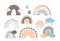 Set Funny Rainbows in Cute Scandinavian Style, Trendy Design for Baby Patterns or Wallpaper. Pastel Rain Drops, Clouds