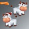 Set of funny silver Ox animals in red Santa`s hat. Symbol of the year in the Chinese zodiac calendar. 3d cartoon vector