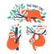 Set of funny sloths in different postures hanging on the tree. Lazy characters. Jungle animal collection. Colorful vector