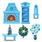 Set of furniture and accessories interior made of ice. Fireplace, bookcase, chair, table, wreath. Sketch for greeting