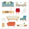 Set of furniture Interior and home accessories. Sofas with pillows, lamps isolated background. vector illustration