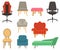 Set of furniture, sofas and armchairs in colorful design. Comfortable empty chairs collection for interior equipment. Vector