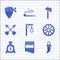 Set Gallows, Pan flute, Tooth, Old wooden wheel, Money bag, Crossed arrows, Tomahawk axe and Cowboy bandana icon. Vector