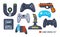 Set game console. Gamepad, playing joystick, video console, joy video games gadgets, wireless gamepad steering wheel. Retro modern