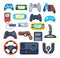 Set game console. Gamepad, playing joystick, video console, joy video games gadgets, wireless gamepad steering wheel. Retro modern