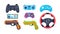 Set game console. Gamepad, playing joystick, video console, joy video games gadgets, wireless gamepad steering wheel. Retro modern