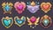 A set of game rank badges with hearts isolated on a dark background. Modern cartoon illustration of golden pentagonal