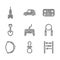 Set Gamepad, Baby dummy pacifier, Abacus, Jump rope, Bow toy, Shovel, Toy piano and Dart arrow icon. Vector