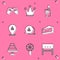 Set Gamepad, Crown, Champagne bottle, Slice of pizza, Piece cake, Cake and Lollipop icon. Vector