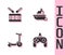 Set Gamepad, Drum with drum sticks, Roller scooter and Toy boat icon. Vector