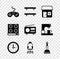 Set Gamepad, Empty wooden shelves, House, Clock, Office chair, Rubber plunger, Gas stove and Radio icon. Vector