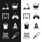 Set Gamepad, Swing, Roller scooter, Baby stroller, Sand bucket, Rocket ship toy, Sword and Abacus icon. Vector