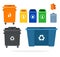Set of garbage containers for recycling, different shapes, sizes, colors vector icon flat isolated.
