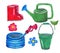 Set of garden equipment. Green watering can, metal bucket, rubber boots, blue water hose with a red spray nozzle.