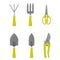 Set of garden equipment. Hand rake, trowel, transplanter and scissors. Flat vector isolated illustration