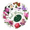 Set of garden flowers. Rose, iris, tree peony, lilly, tulips, sweet pea, primrose, carnation.