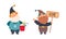 Set of garden gnomes. Dwarfs holding bucket and wooden signboard, cute fairy tale characters cartoon vector illustration