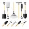 Set garden tools. Colored icons of garden tools. Shovels, rakes and a ripper and garden shears.