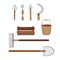 Set of garden tools on white isolated background. Sickle, hoe, rake, shovel, bucket, trowel, wooden box.
