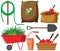 Set of gardening items on white background