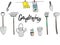 Set of gardening with rake shovel potted plants and other garden supplies.