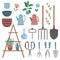 Set of gardening tools and decor. Collection of vector flat elements isolated on white background