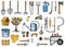 Set of gardening tools or items. hose reel, fork, spade, rake, hoe, trug, cart, lawnmower, elements collection. work