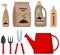 Set of gardening tools, potting soil, various fertilizers in bottles and spray gun. Vector illustration in flat style.