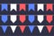 Set of garlands with celebration flags chain, white, blue, red pennons on dark background, footer and banner for decoration