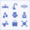 Set Gas boiler, Toolbox, Water tap, Plumber, Industry metallic pipe, drop, and valve and icon. Vector
