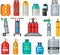 Set of gas cylinders, canisters with fuel, aerosol cans. Containers with helium, oxygen, propane