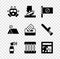 Set Gas mask, Burning car, Protest, Air horn, Prison window, Broken, camp and Vote box icon. Vector