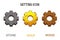 Set of gear settings icons gold, wooden and stone.