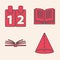 Set Geometric figure Cone, Calendar, Open book and Open book icon. Vector