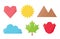 Set of geometric icons, graphic elements: heart, sun, mountains, cloud, maple leaf and tulip flower