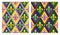 Set of geometric patterns with fleur de lis symbol. Diagonal rhombus grid.