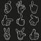 Set of gestures. Hands symbols (signals) collection. Cartoon style. Isolated on black background.