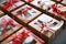Set of gift boxes with Christmas decor on light grey stone table, closeup. Advent calendar