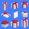 Set of gift boxes in isometric. Gift boxes of different forms. Isolated on a contrasting background
