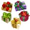 Set of gift boxes tied with ribbons with a designer bowknot and decorations isolated. Sketch for greeting card, festive
