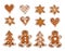 Set of gingerbread cookies. Decorative gingerbread man, stars, hearts and christmas tree with icing on white background. Vectors