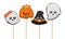 Set of gingerbread cookies on a stick. Ghost, pumpkin, wizard hat.