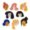 Set of girls of different nationalities. Cute portraits of women isolated on the white background. Collection of avatars