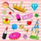 Set of girls fashion cute patches, fun stickers, badges and pins. Collection different elements. diamond meow castle