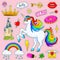 Set of girls fashion cute patches, fun stickers, badges and pins. Collection different elements. Unicorn lips and ponies