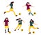 Set of girls playing football, kicking the ball. Flat vector illustration of girl team playing soccer or football