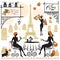 Set of girls silhouettes, Illustration of two young women drinking coffee after a day of shopping in Paris. Elements for cafe, re