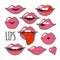 Set glamorous quirky icons. Vector illustration for fashion design. Bright pink makeup kiss mark. Passionate lips in cartoon style